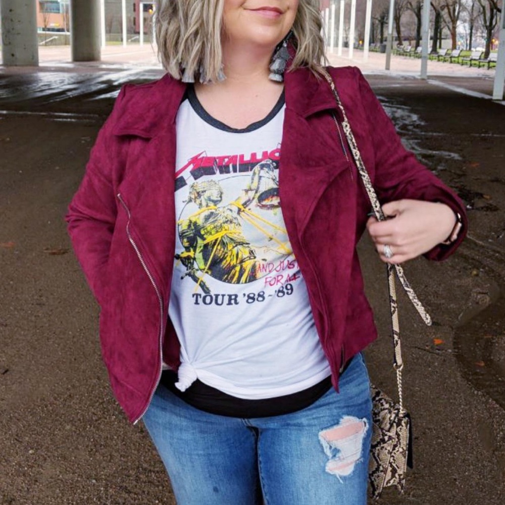Maroon Faux Suede Moto Jacket